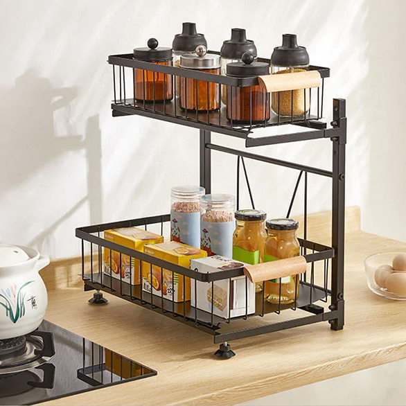 Lançado rack de armazenamento extraível para cozinha de 2 camadas, trazendo soluções eficientes que economizam espaço para cozinhas domésticas globais